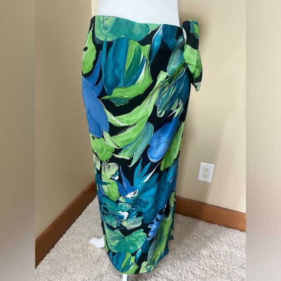 Vintage Cache 💙💚🖤 Black Spandex Zip Skirt W/ Floral Sarong Size 10 90s 🖤💙💚 - Picture 2 of 12